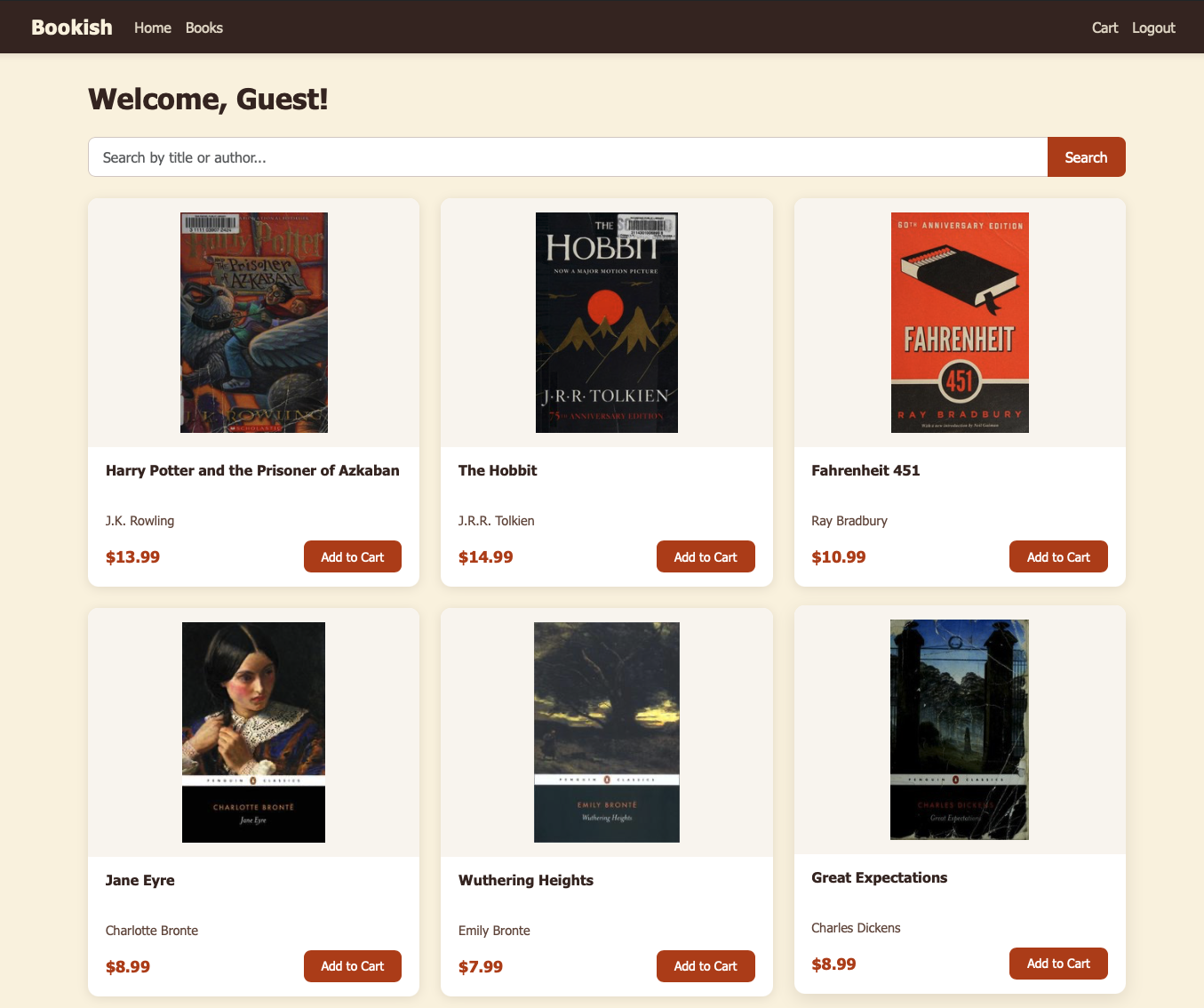 Bookstore web application interface